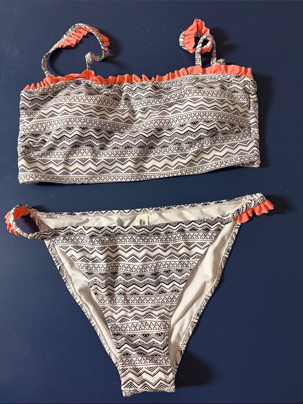 Cupshe Black & White Aztec Print Bikini with Coral Ruffle Trim
